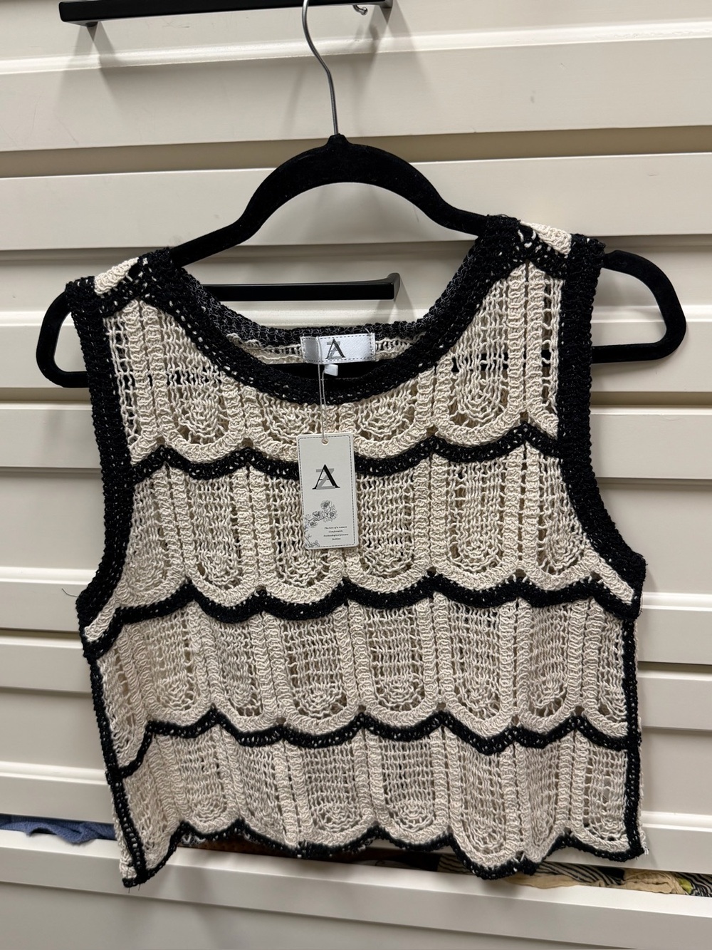 AZ- Crochet Knit Tank Top - Cream with Black Trim